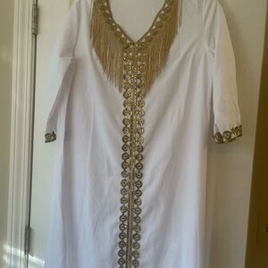 Source Unknown White Maxi Dress with Gold Fringe Trim